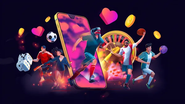 A young woman relaxing with her phone while dynamic casino elements float around her, illustrating the smooth mobile experience offered by the 786BD app.