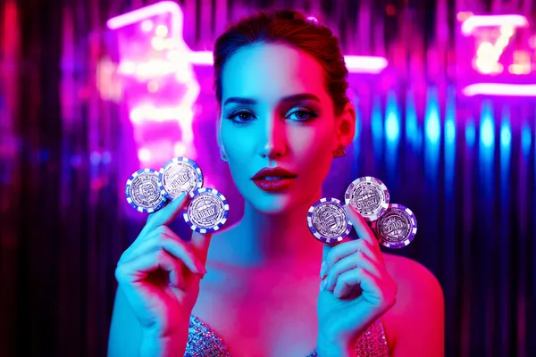 A stylish woman beside vibrant slot machines displaying glowing sevens, showcasing the variety of top slots at 786BD.